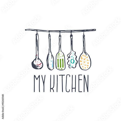 Concept hand drawn logo illustration for themed kitchen with ute