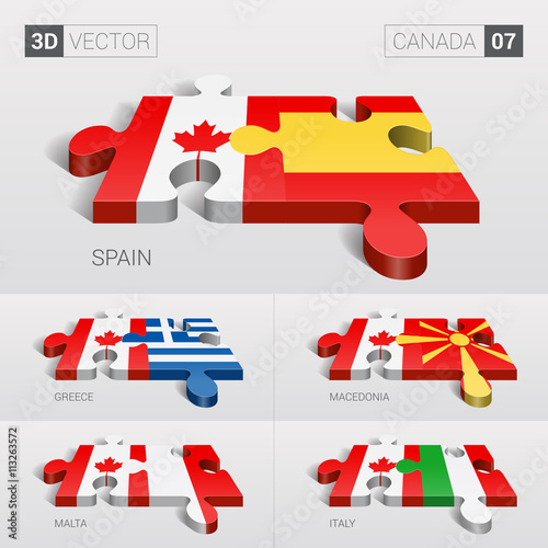Canada and Spain, Greece, Macedonia, Malta, Italy Flag. 3d vector puzzle. Set 07.