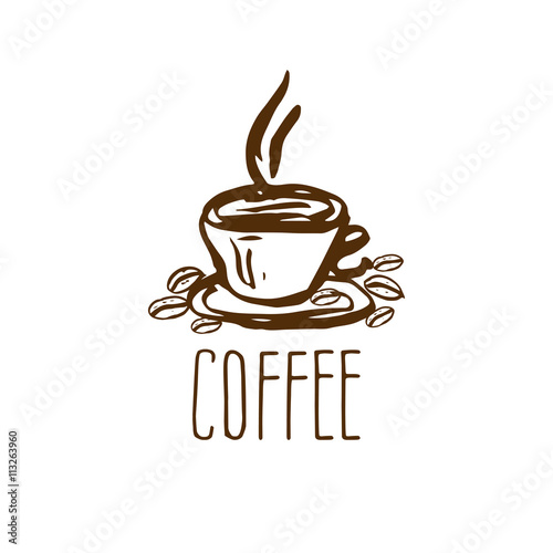 Hand drawn logo with coffee cup. Vector illustration