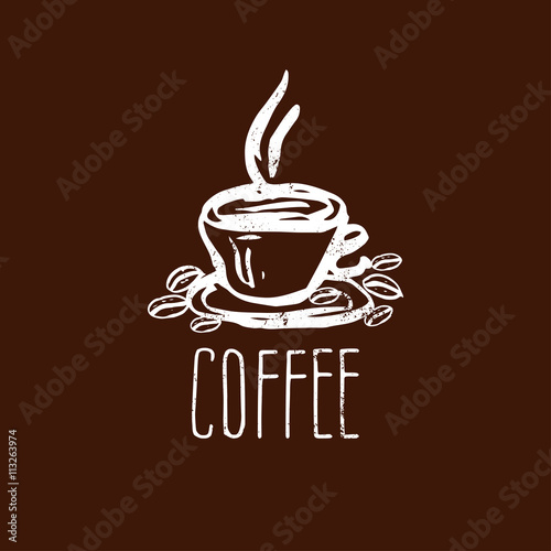 Hand drawn logo with coffee cup. Vector illustration
