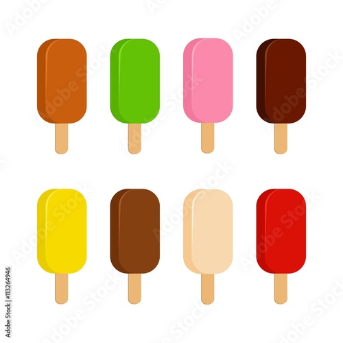 Sweet cold ice cream set and tasty frozen ice cream collection vector delicious. Set of cartoon colorful ice-cream desserts. Chocolate, milk and fruit icecream. Ice creams isolated on white. ice lolly
