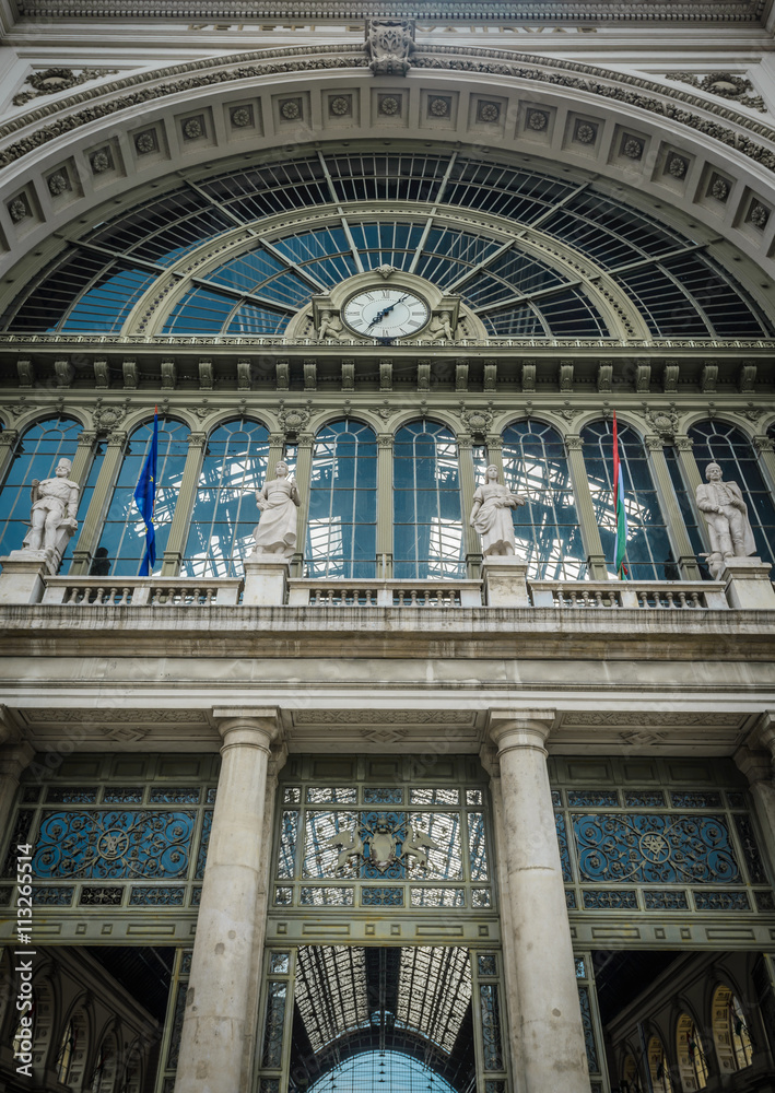 The front facade of East Railway (Keleti) station in Budapest,Hungary.