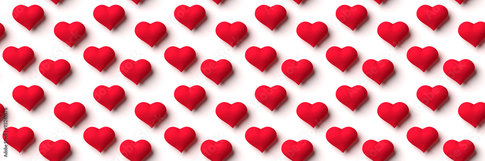 seamless banner of big red hearts on a white background (format 3x1, 3d illustration) 