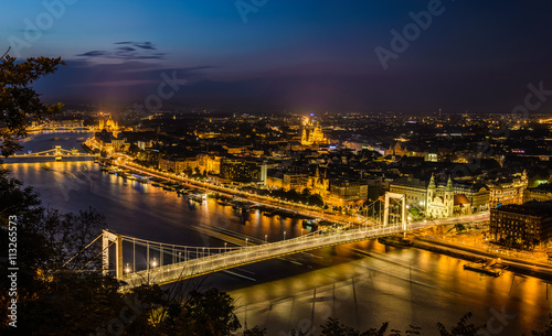 Night view of Budapest,Hungary with Elisabeth brudge over Danube river from fortress Citadel