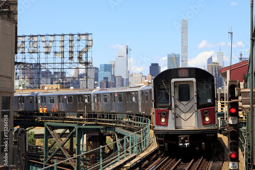 New York, NY, USA - June 7, 2016: 7 line subway :A Subway Train Approaching a Station in New York