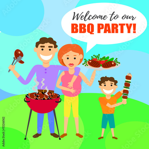 BBQ party with family and kebab, steak, grill.