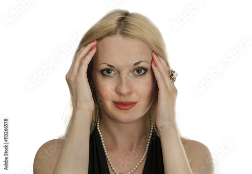 portrait of blond with red lips and nails