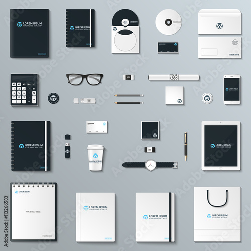 Corporate identity template set. Business stationery mock-up with logo. Branding design. Notebook, card, catalog, pen, pencil, badge, tablet pc, mobile phone, letterhead.