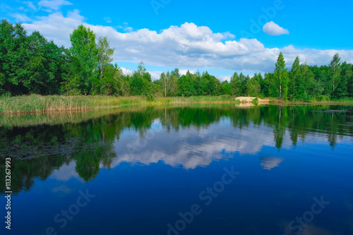 Fototapeta Naklejka Na Ścianę i Meble -  Forest lake and blue cloudy sky