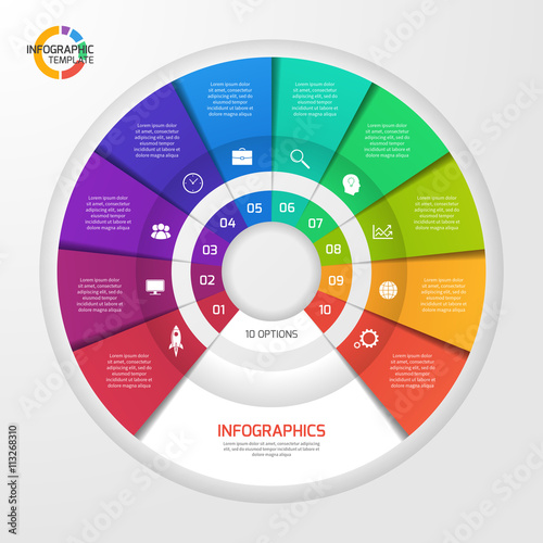 Vector circle infographic template for graphs, charts, diagrams. Pie chart concept with 10 options, parts, steps, processes.