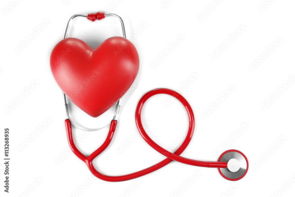 Red stethoscope and heart isolated on white Red stethoscope and heart isolated on white