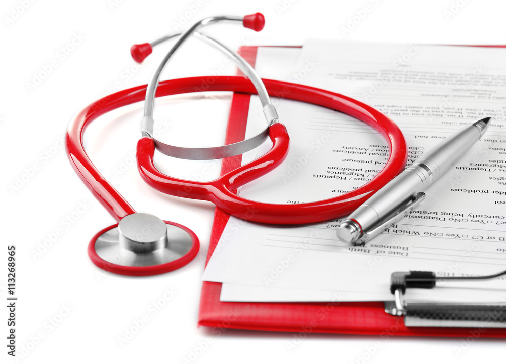 Red stethoscope and prescription on white background Red stethoscope and prescription on white background