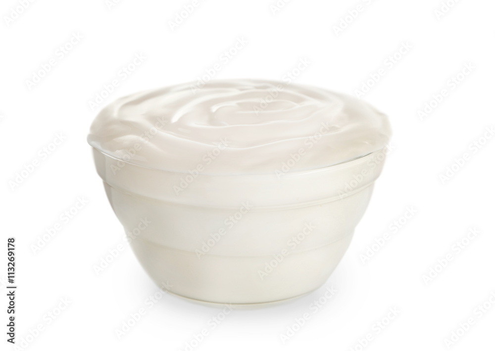 Glass bowl of fresh sour cream isolated on white Glass bowl of fresh sour cream isolated on white