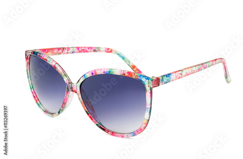 Women's colorful sunglasses on white background
