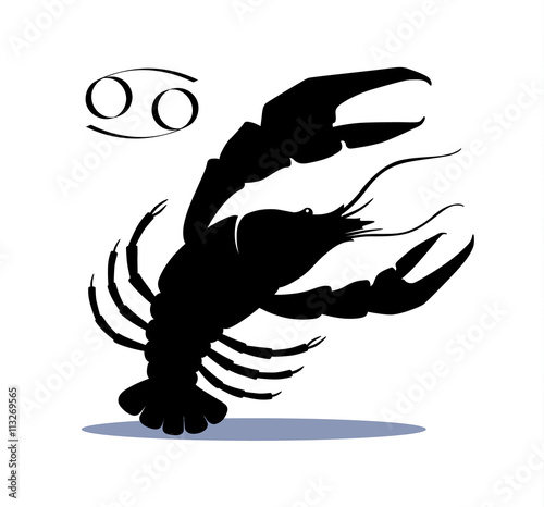 Silhouette of a detail of river animal crayfish isolated on white background. Cancer zodiac sign horoscope used in astrology, painted with his icon. Made in dynamics, at the time of defense or attack.