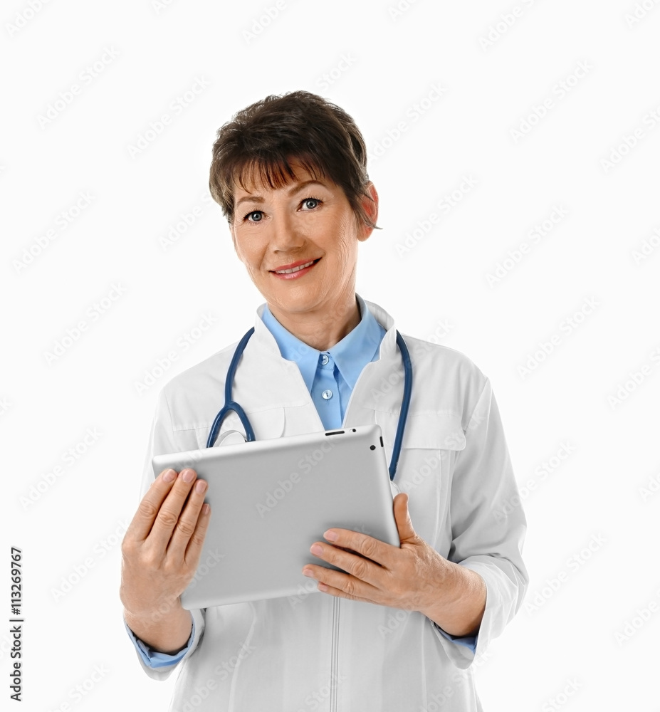 Professional doctor with tablet, isolated on white Professional doctor with tablet, isolated on white