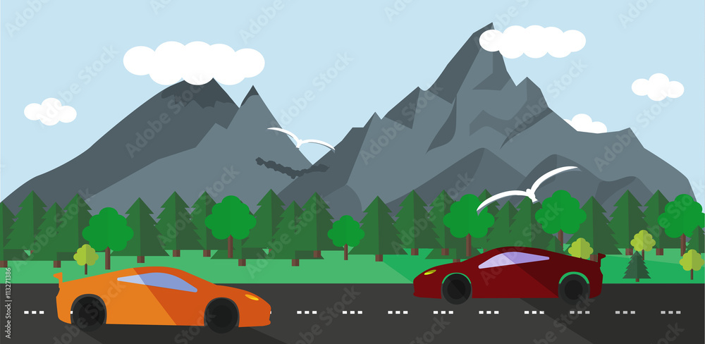 Fototapeta premium Płaska konstrukcja krajobrazu ilustracja z czerwonym i pomarańczowym samochodem sportowym i naturą