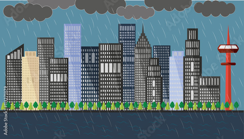 landscape with sea seafront and skyscrapers  in a rainy day