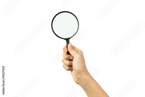 Hand holding magnify glass isolated on white background with clipping path