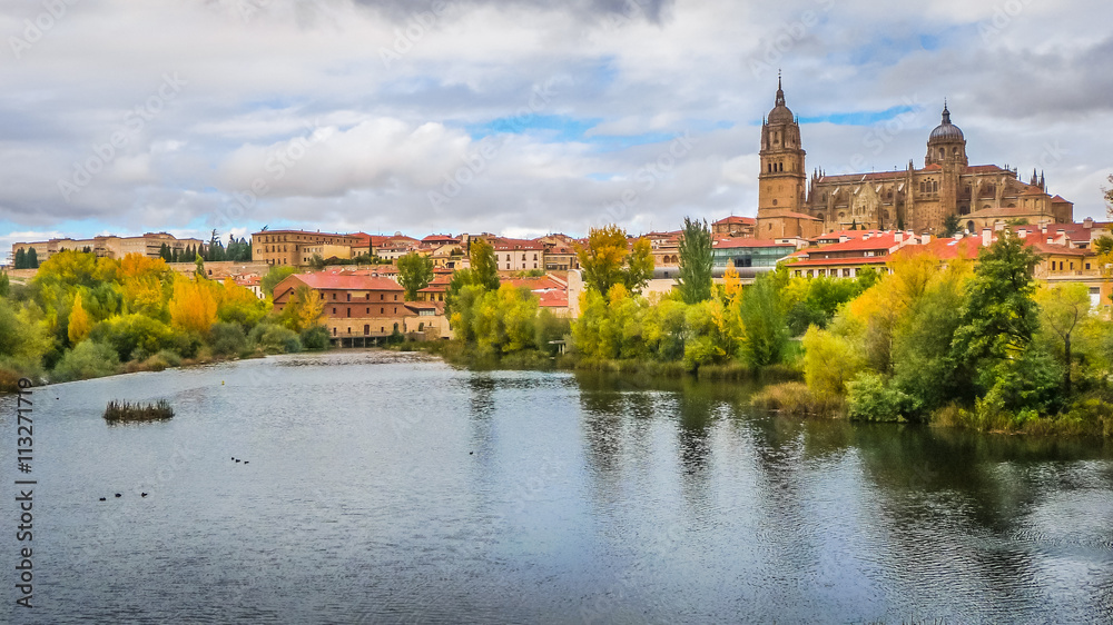 Beautiful view of Salamanca with Rio Tormes and Cathedral, Spain