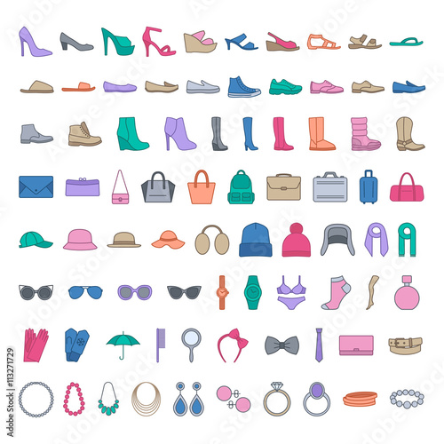 Shoes and accessories colored icons. Line icons shoes, bags, hats, jewelry, glasses