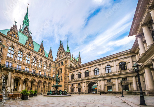 Beautiful Hamburg town hall with Hygieia fountain from courtyard, Germany