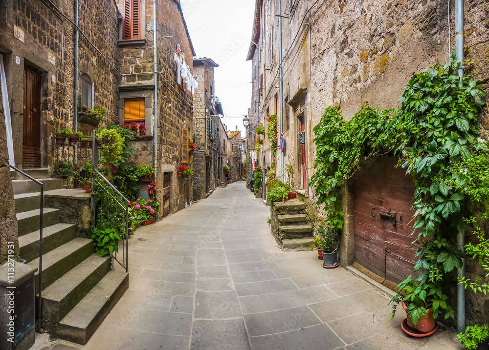 Beautiful view of old traditional houses and idyllic alleyway in the historic town of Vitorchiano, Viterbo, Lazio, Italy
