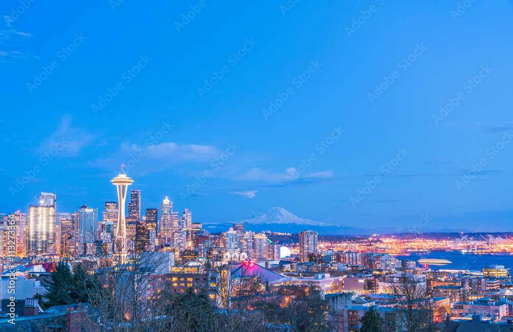 scenic view Seattle cityscape in night time,Washington,USA. -for editorial  use only