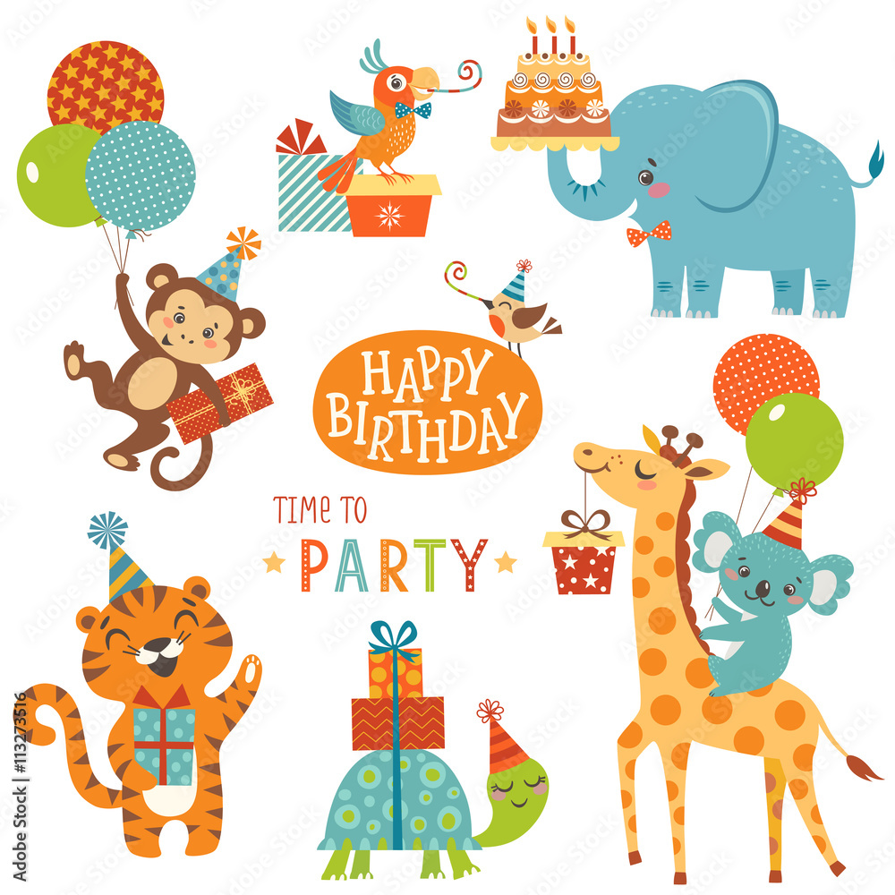 Happy birthday animals - obrazy, fototapety, plakaty 