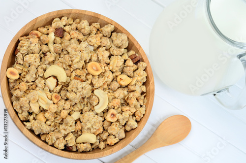 Muesli in bamboo bowl