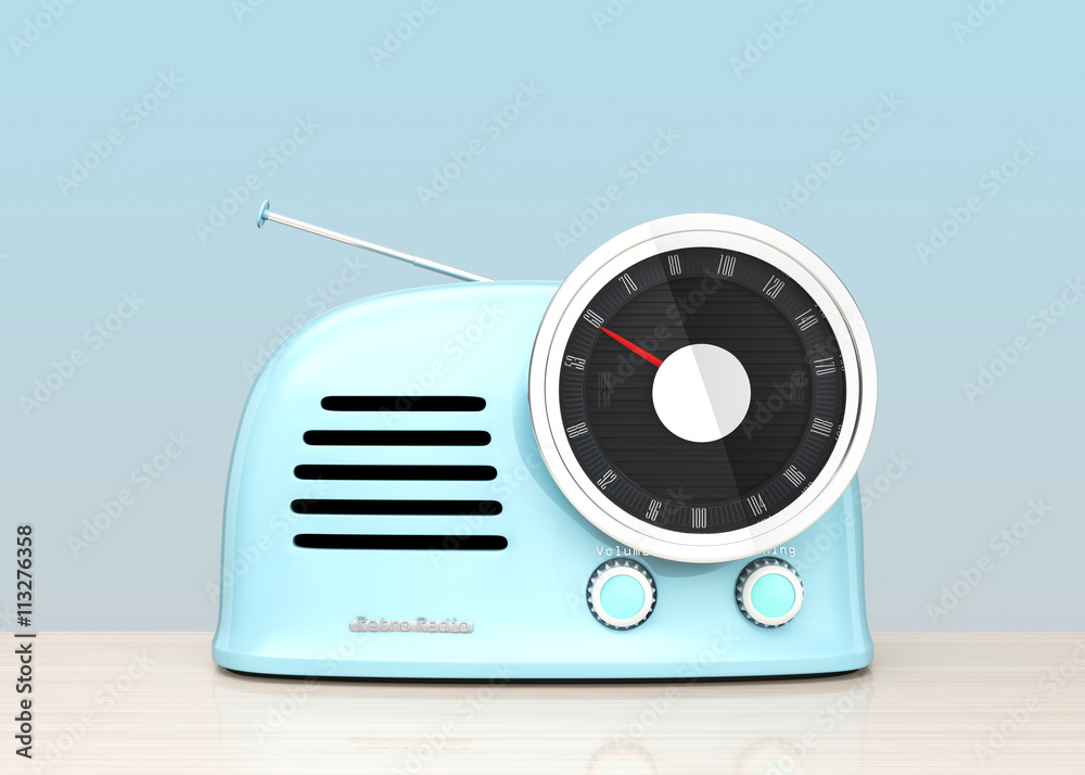 Pastel blue retro style radio isolated on light blue background. 3D rendering image with clipping path. Pastel blue retro style radio isolated on light blue background. 3D rendering image with clipping path.