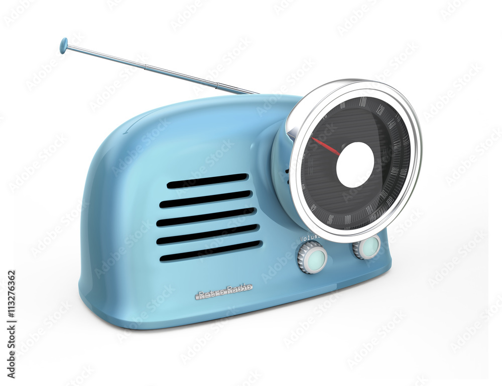 Fototapeta premium Light blue retro style radio isolated on white background. 3D rendering image with clipping path.