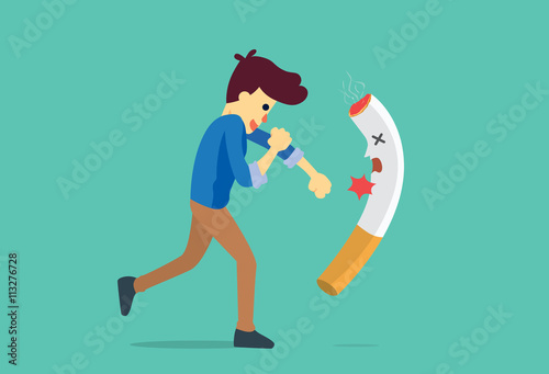 Man punching a cigarette to knock out. This illustration meaning to fighting for stop smoking.