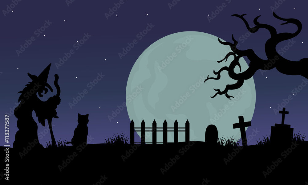 Halloween of witch and cat silhouette