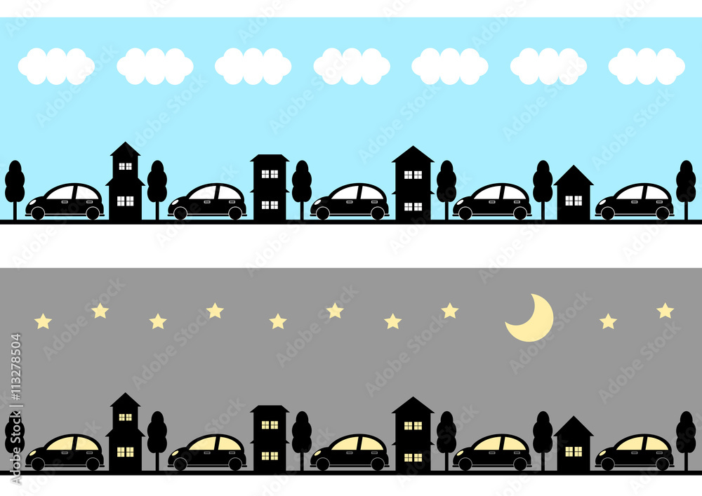 街並と車 昼と夜 イラスト 家 Stock Vector Adobe Stock
