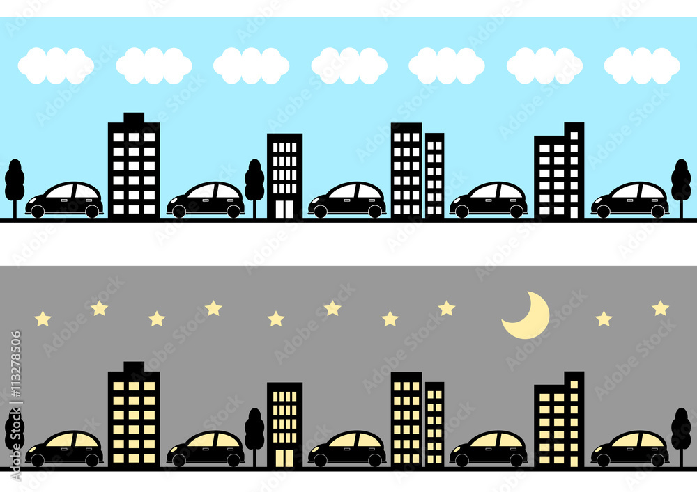 街並と車 昼と夜 イラスト ビル Stock Vector Adobe Stock 街並と車 昼と夜 イラスト ビル Stock Vector Adobe Stock
