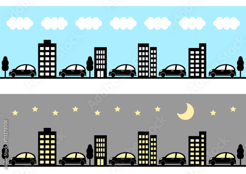 ビルと自動車のイラスト: 昼間と夜の風景