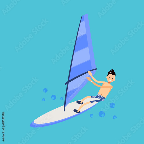 Vector male character in flat style - illustration of a windsurf
