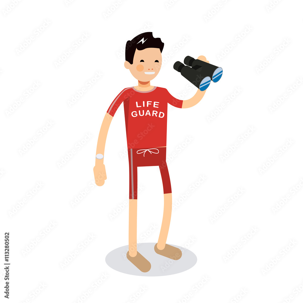 young male lifeguard standing full length holding binoculars