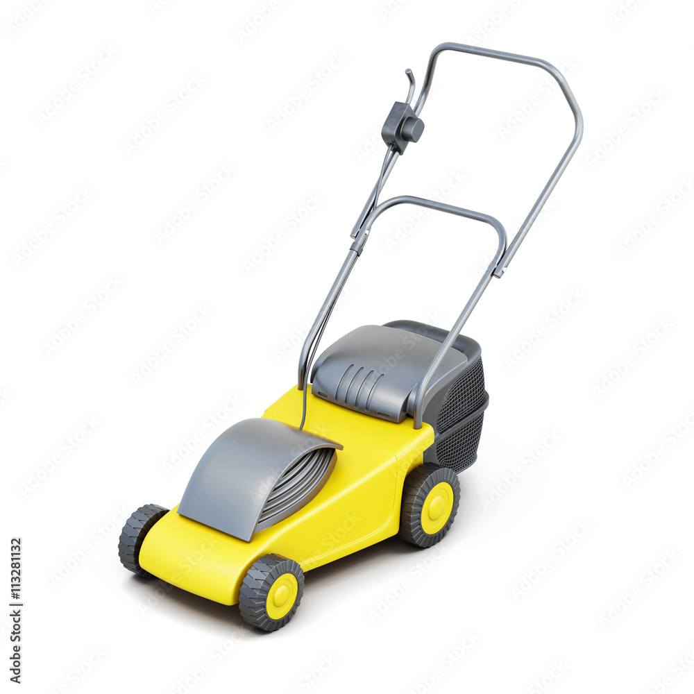 3d image of a lawn mower isolated on white background. Yellow lawn mower. Electric lawn mower 3d image of a lawn mower isolated on white background. Yellow lawn mower. Electric lawn mower