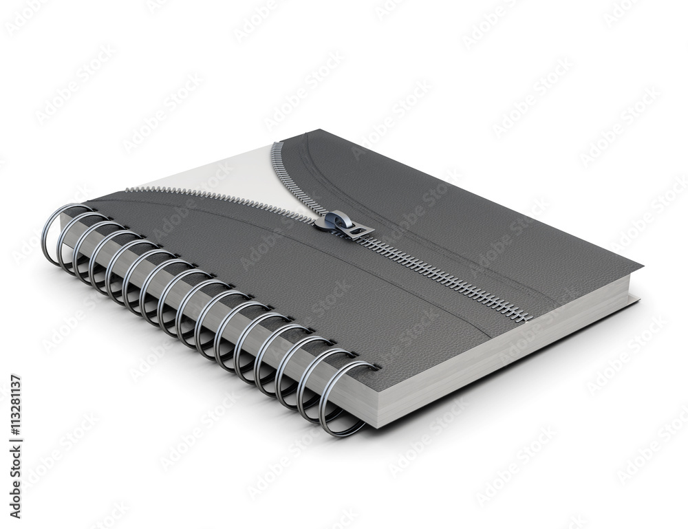 Notebook with hard cover and decorative zip isolated on white background. 3d rendering. Notebook with hard cover and decorative zip isolated on white background. 3d rendering.