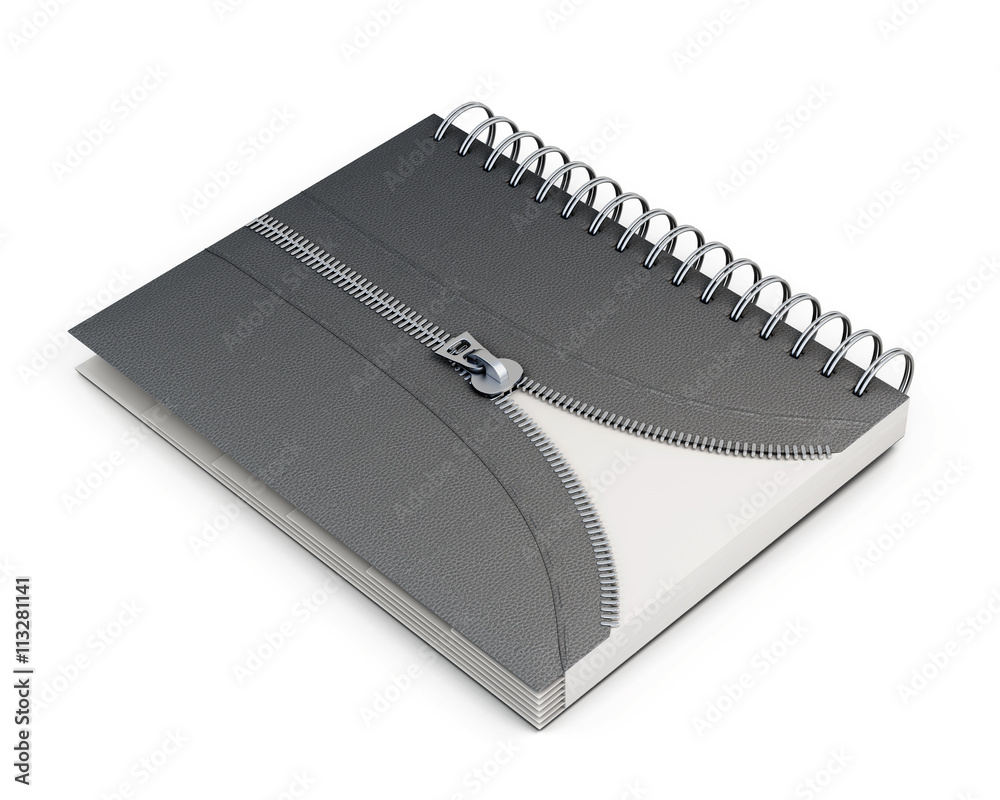 Original notebook isolated on white background. Decorative zip. Spiral-bound. Leather cover. Conceptual image. 3d render image. Original notebook isolated on white background. Decorative zip. Spiral-bound. Leather cover. Conceptual image. 3d render image.