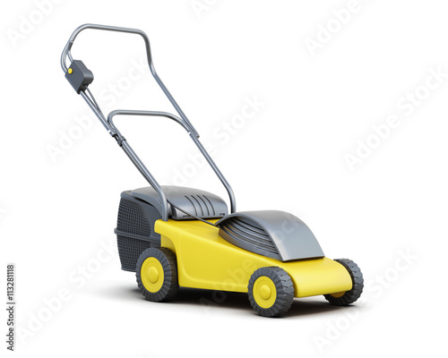 Yellow lawn mower isolated on a white background. Electric lawn mower. 3d rendering.