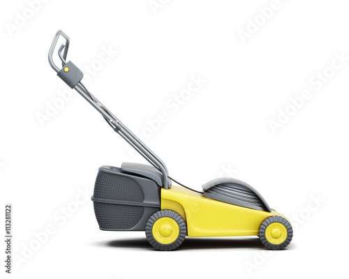 Side view of a lawn mower isolated on a white background. Yellow lawn mower. Electric lawn mower. 3d rendering.