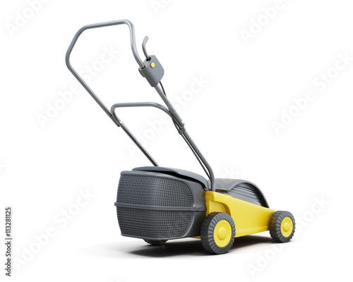 Yellow lawn mower isolated on a white background. Electric lawn mower. 3d render image.