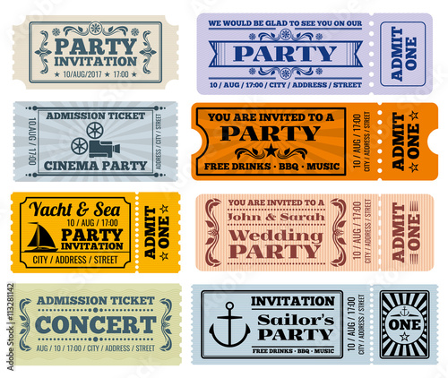Entertainment, party and cinema vector vintage tickets and coupons templates. Ticket to party wedding and ticket for entertainment illustration