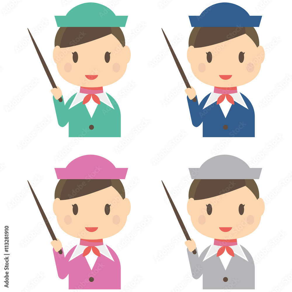 指し棒を持つガイドの女性 4つのカラ―の制服 アイコン