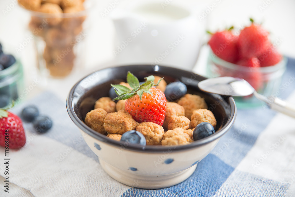 Frühstücks Cerealien mit frischen Beeren und Milch Frühstücks Cerealien mit frischen Beeren und Milch