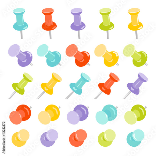 Realistic set of push pins in different colors on white background. Pins stationery products. Thumbtacks. Top view. Vector illustration. photo