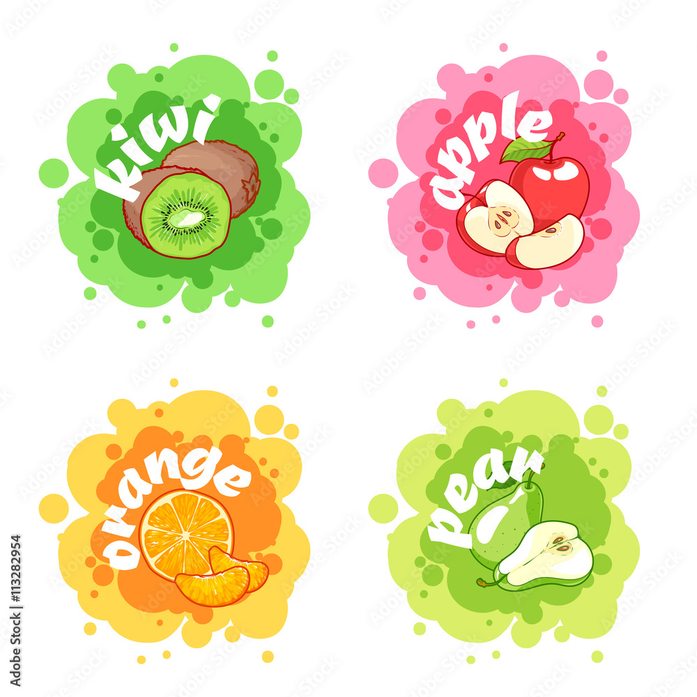 Four stickers with different fruits. Kiwi, apple, orange and pea Four stickers with different fruits. Kiwi, apple, orange and pea